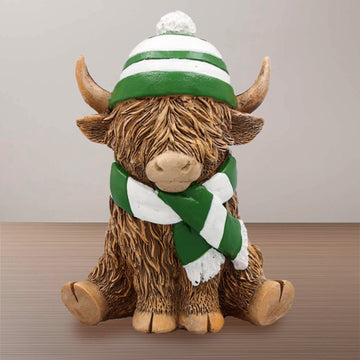 Highland Cow Green Scarf Hat Resin Christmas Figurine