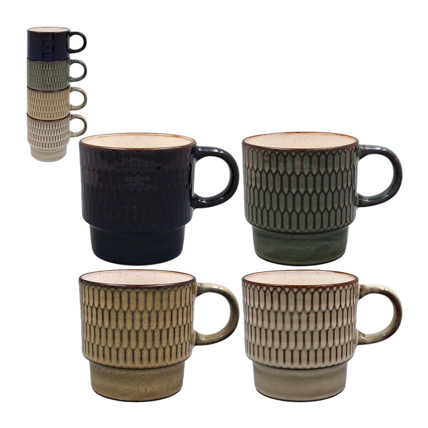4Pcs Stoneware Assorted Colours Diamond Reactive Glazed 365ml Stacking Mugs