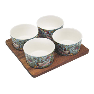 4Pcs William Morris Strawberry Thief Ceramic Chip & Dip Bowl Set