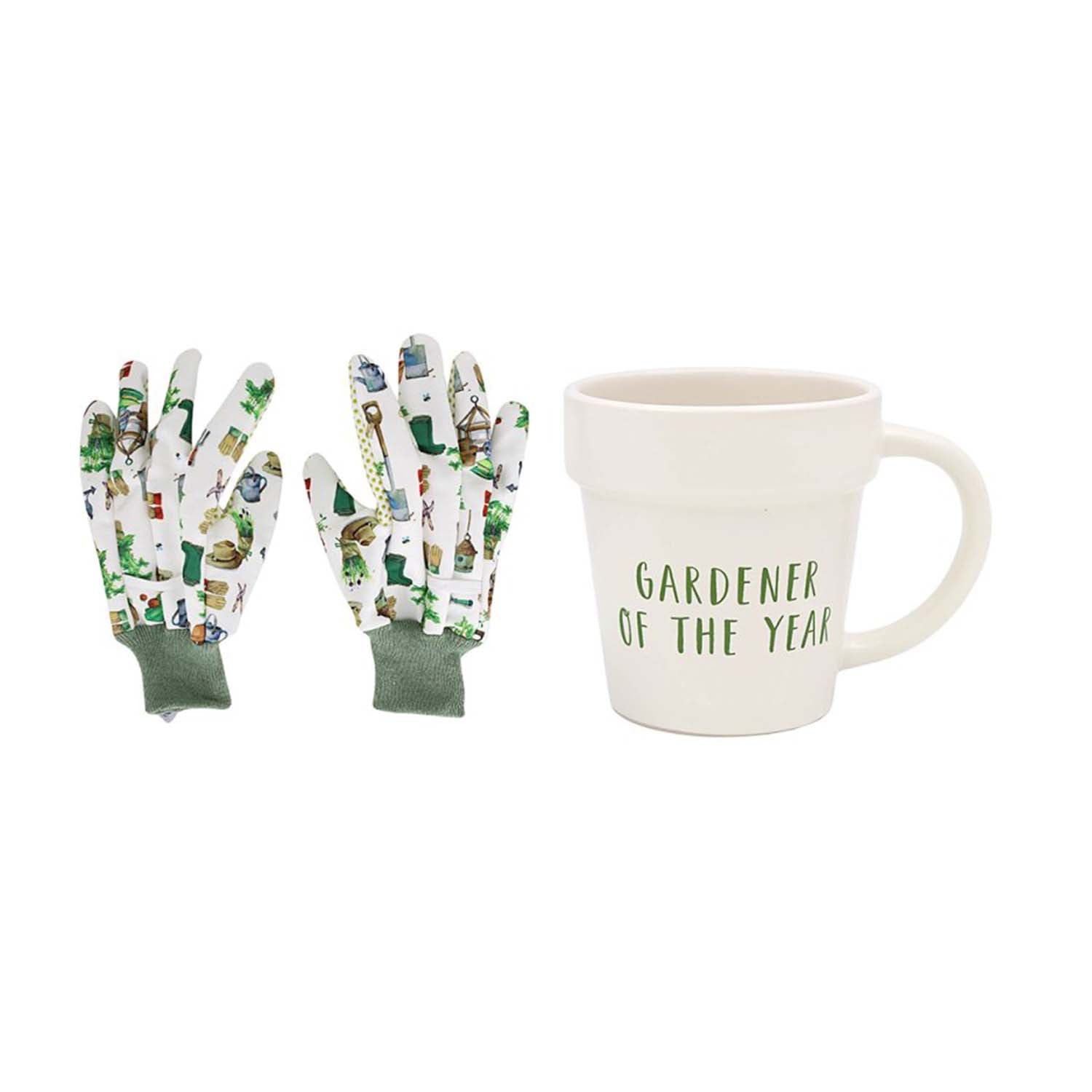 325ml Green Fingers White "Gardener of the Year" Pot-Shaped Mug & Garden Gloves Set