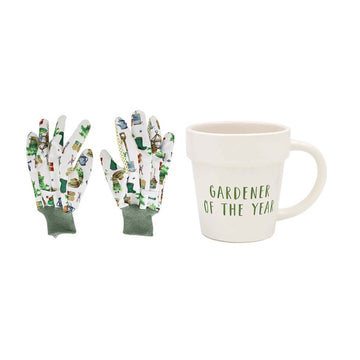 325ml Green Fingers White "Gardener of the Year" Pot-Shaped Mug & Garden Gloves Set