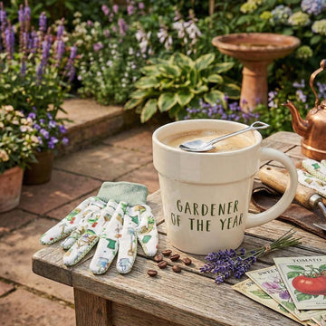 325ml Green Fingers White "Gardener of the Year" Pot-Shaped Mug & Garden Gloves Set