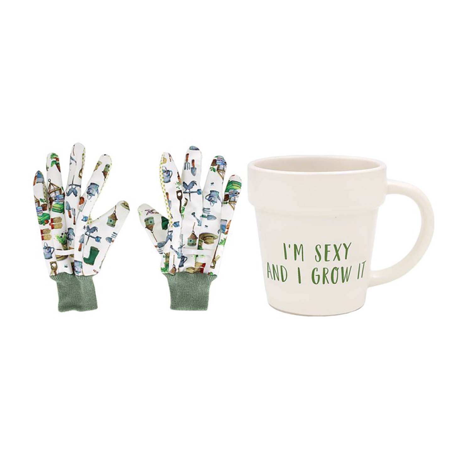 325ml Green Fingers White "I'm Sexy And I Grow It" Pot-Shaped Mug & Garden Gloves Set