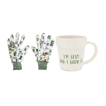 325ml Green Fingers White "I'm Sexy And I Grow It" Pot-Shaped Mug & Garden Gloves Set