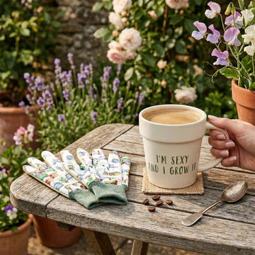 325ml Green Fingers White "I'm Sexy And I Grow It" Pot-Shaped Mug & Garden Gloves Set