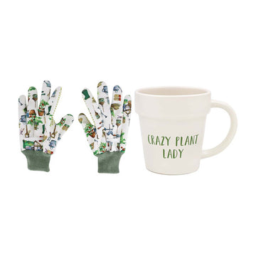 325ml Green Fingers White "Crazy Plant Lady" Pot-Shaped Mug & Garden Gloves Set