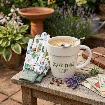 325ml Green Fingers White "Crazy Plant Lady" Pot-Shaped Mug & Garden Gloves Set