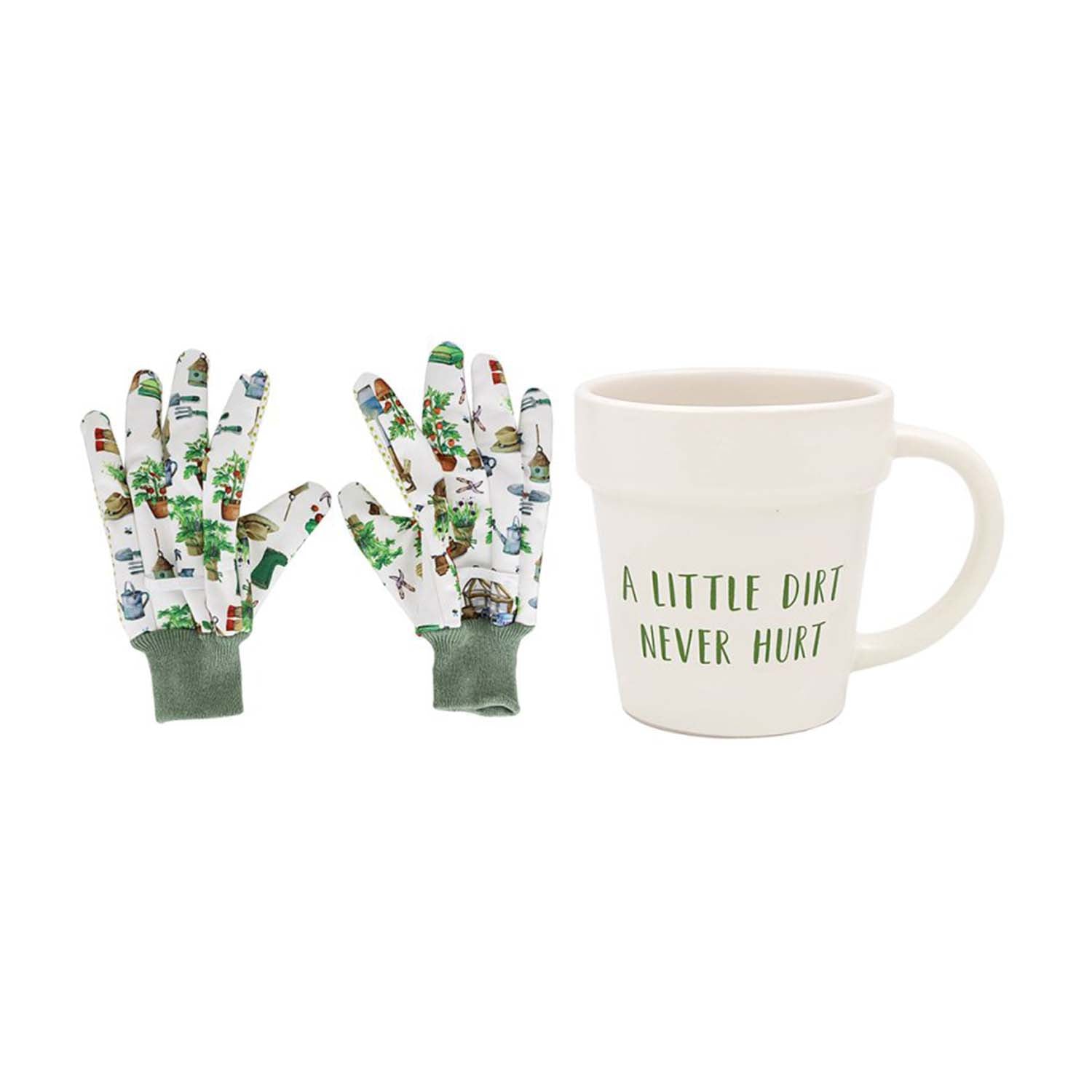 325ml Green Fingers White "A Little Dirt Never Hurt" Pot-Shaped Mug & Garden Gloves Set