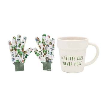 325ml Green Fingers White "A Little Dirt Never Hurt" Pot-Shaped Mug & Garden Gloves Set