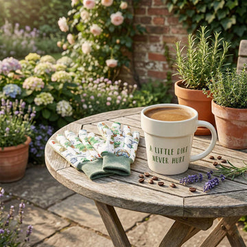 325ml Green Fingers White "A Little Dirt Never Hurt" Pot-Shaped Mug & Garden Gloves Set