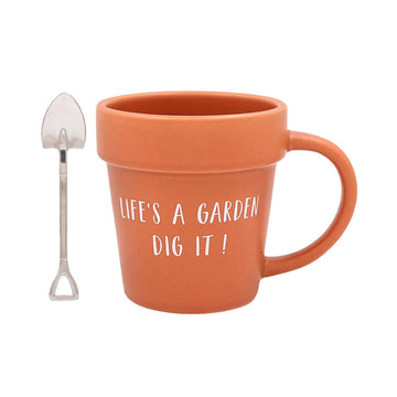 325ml Green Fingers Pot Shape Life’s A Garden Dig It! Coffee Mug & Spoon Set