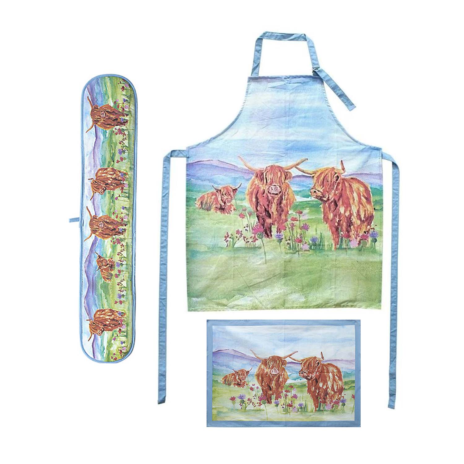 3Pcs Highland Cow Tea Towel Double Oven Glove & Apron Set