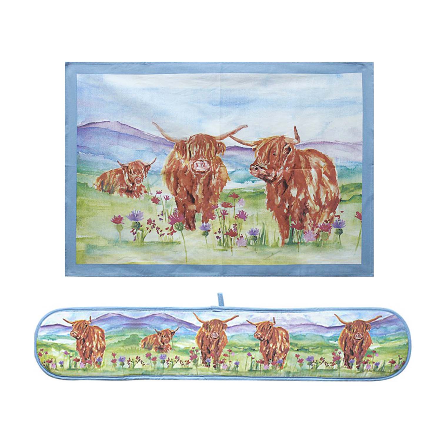 2Pcs Highland Cow Tea Towel & Double Oven Glove Set