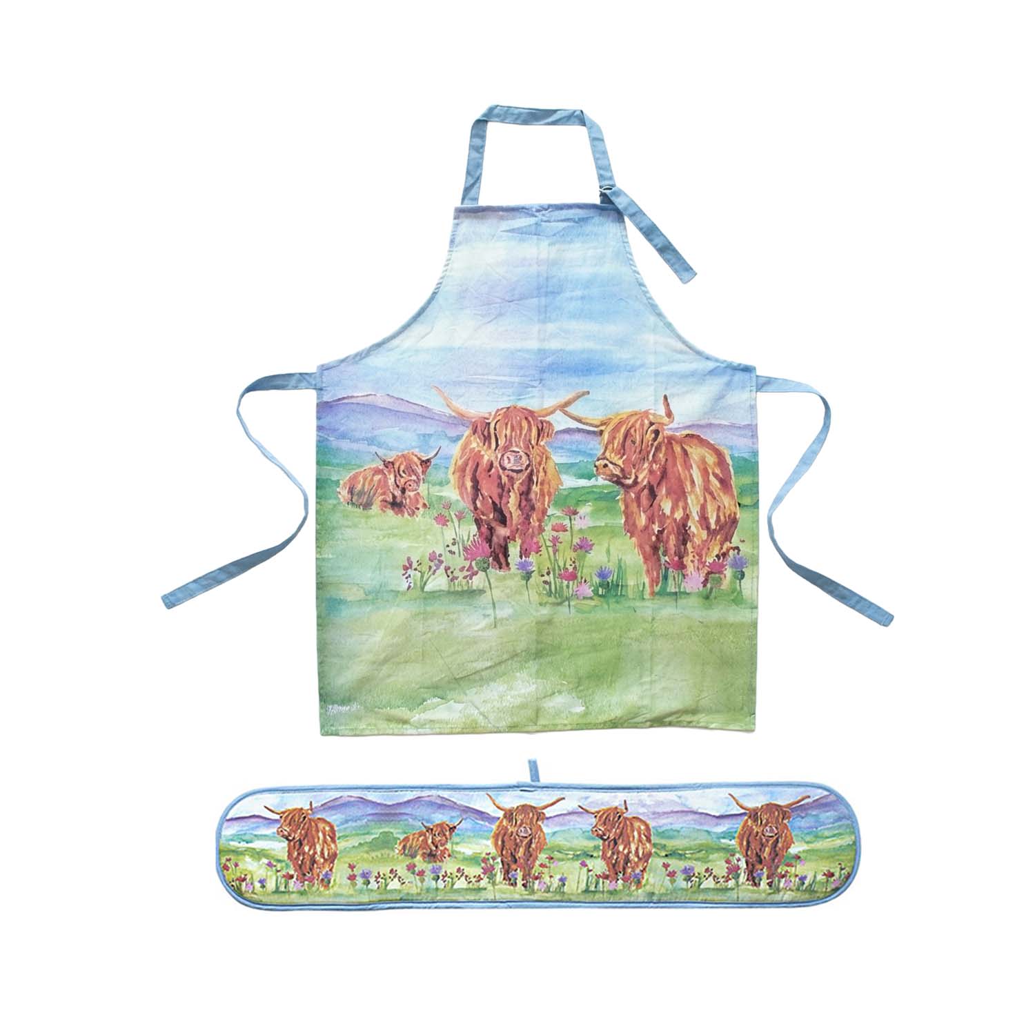 2Pcs Highland Cow Double Oven Glove & Apron Set