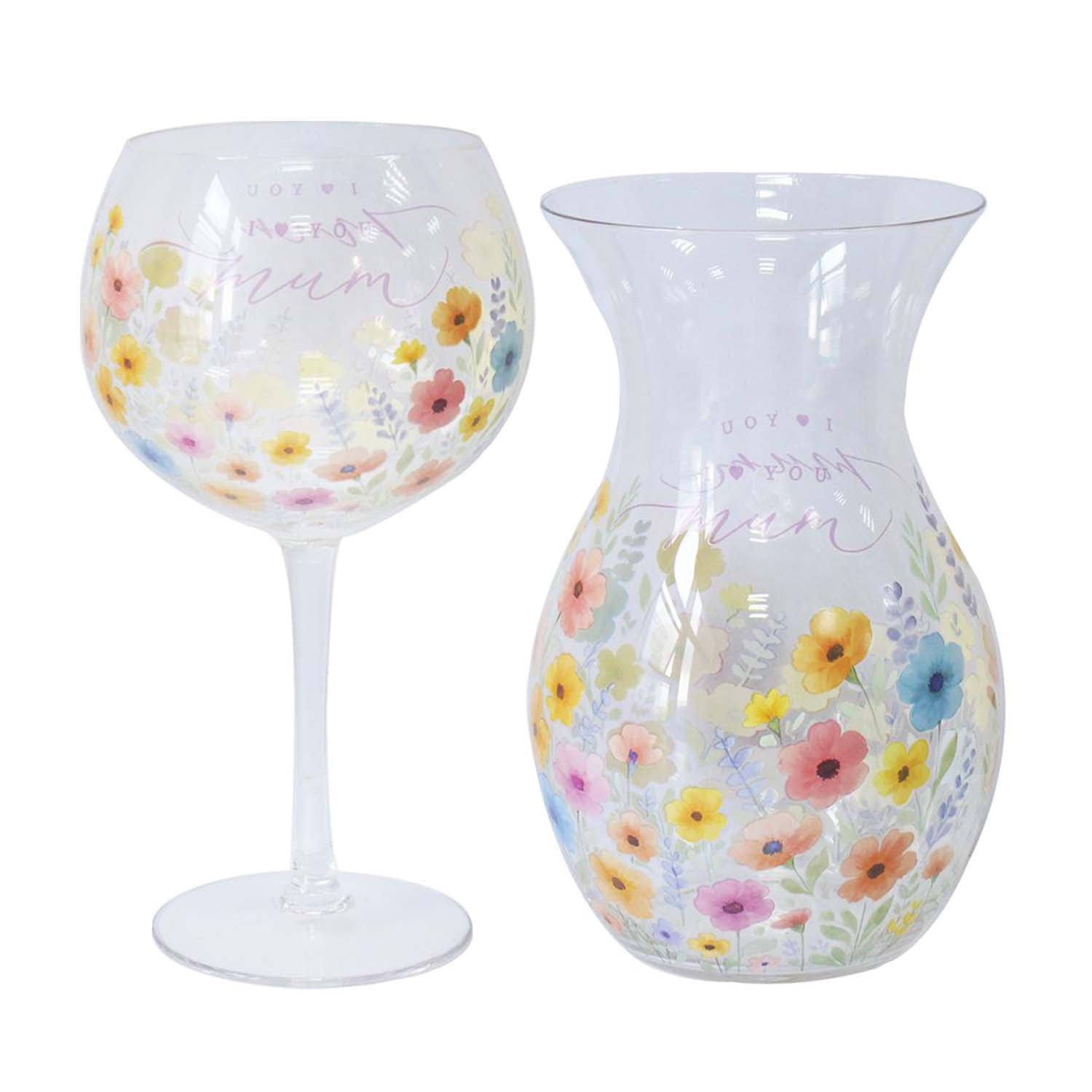 Clear Glass Mum Vase & Gin Glass Set with Floral I Love You Mum Gift