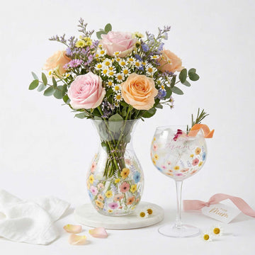 Clear Glass Mum Vase & Gin Glass Set with Floral I Love You Mum Gift