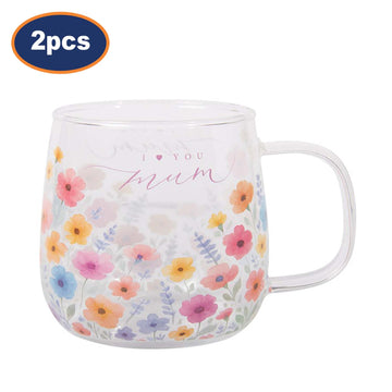 2Pcs 450ml Floral Design With I Heart You Mum Glass Coffee Mug