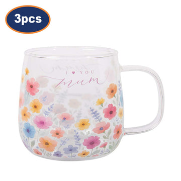 3Pcs 450ml Floral Design With I Heart You Mum Glass Coffee Mug