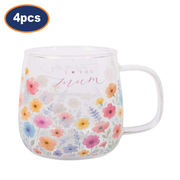 4Pcs 450ml Floral Design With I Heart You Mum Glass Coffee Mug