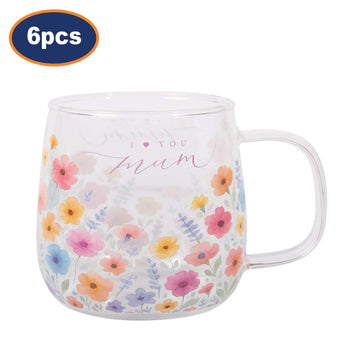 6Pcs 450ml Floral Design With I Heart You Mum Glass Coffee Mug
