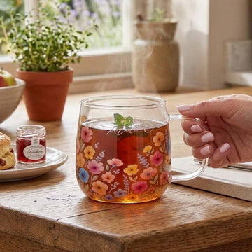 2Pcs 450ml Floral Design With I Heart You Mum Glass Coffee Mug