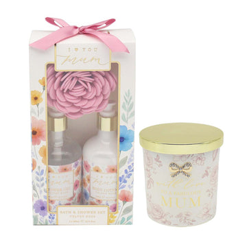 Mum Pamper Set Rose & Oud Scented Candle Bath & Shower Set with Body Puff