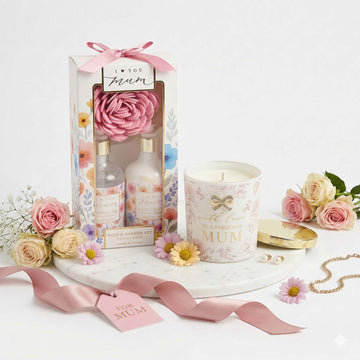 Mum Pamper Set Rose & Oud Scented Candle Bath & Shower Set with Body Puff