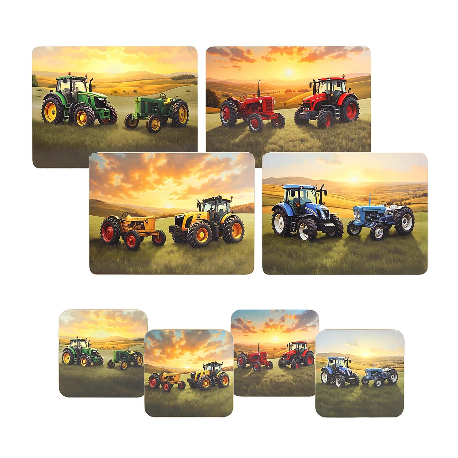 8Pcs Tractors Farmhouse Cork Backed Coasters & Placemats Set