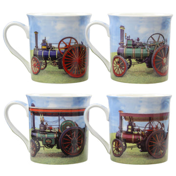 Set of 4 Fine China Mugs - Steam Tractor