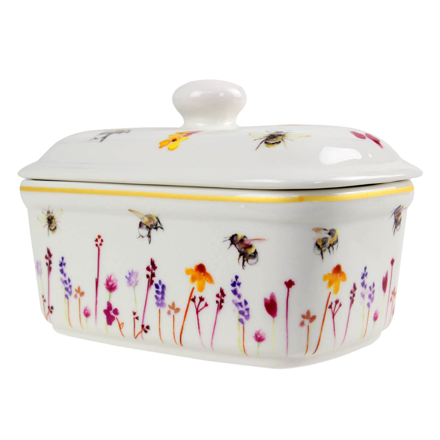 Bees & Flowers Ceramic Butter Dish with Lid (design by Jennifer Rose)