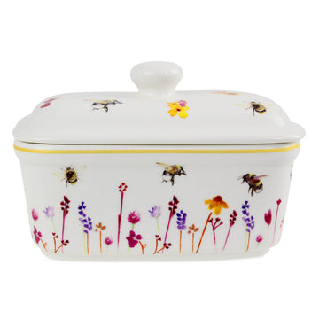 Bees & Flowers Ceramic Butter Dish with Lid (design by Jennifer Rose)