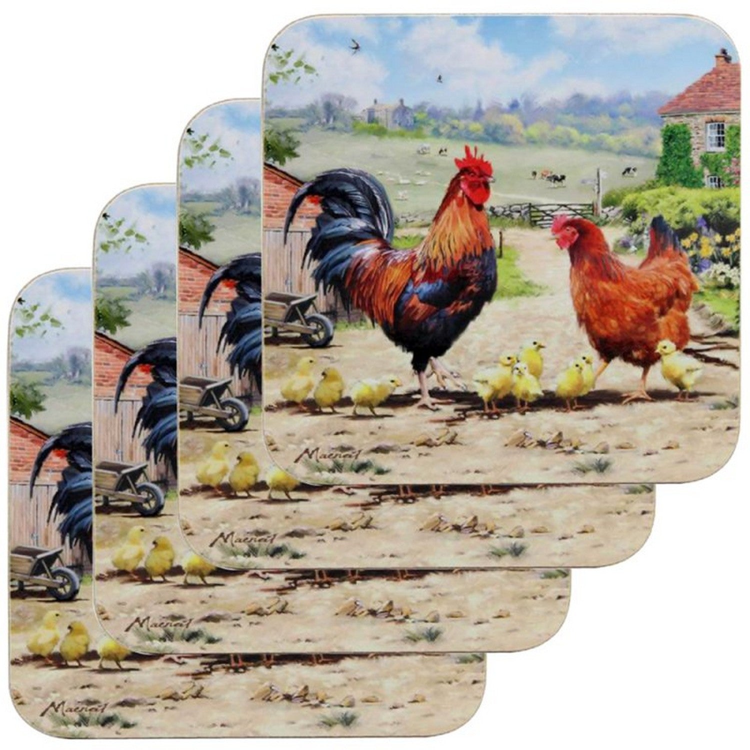 Set of 4 Cockerel & Hen Design Coasters