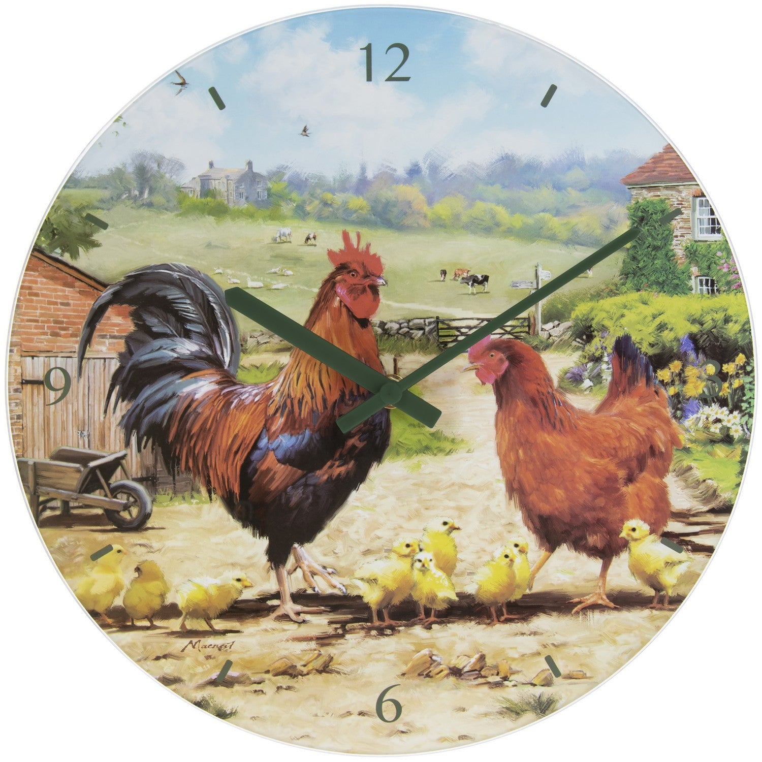 Cockerel & Hen Design Glass Clock