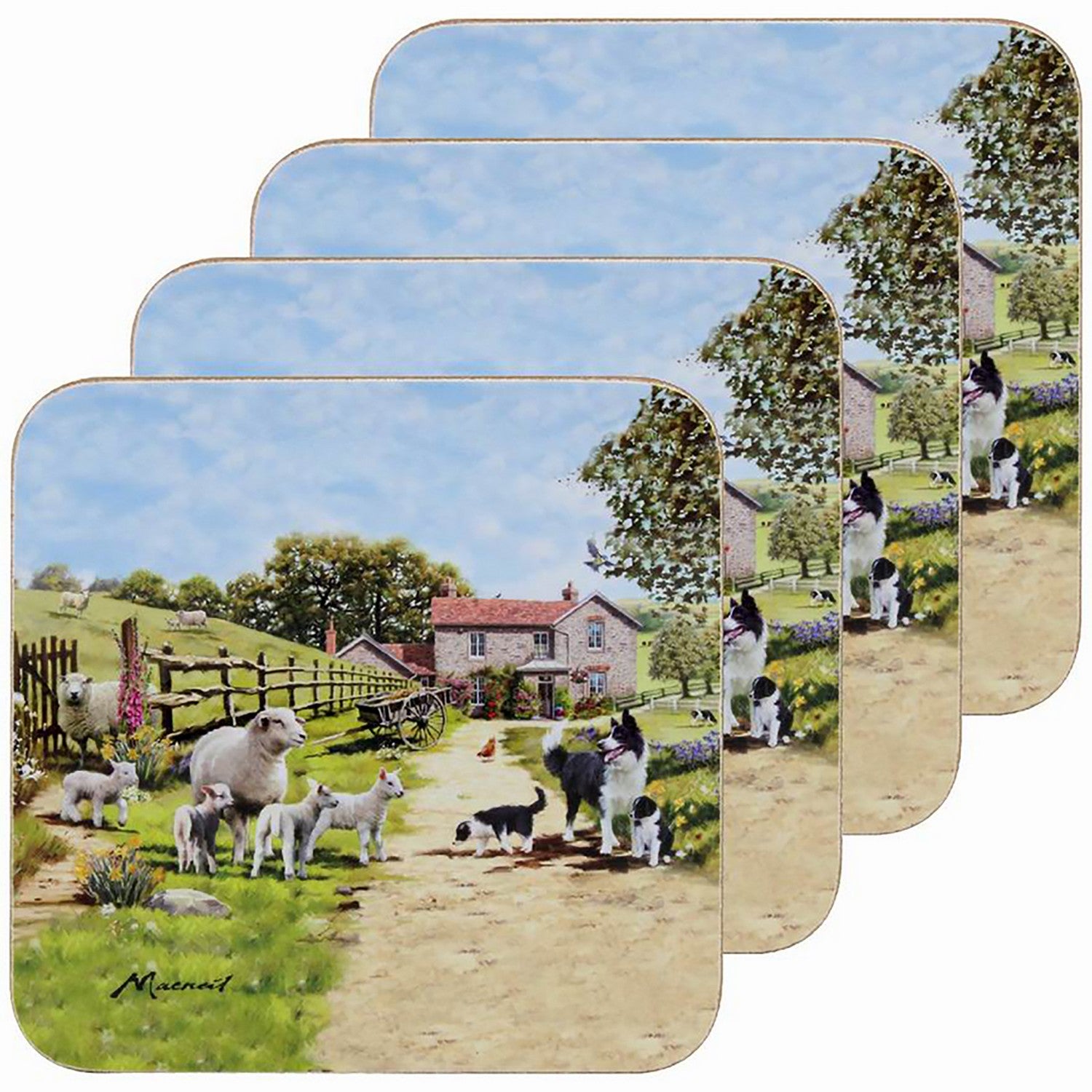 Set of 4 Collie & Sheep Design Coasters