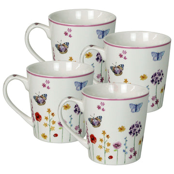 4pcs Butterfly Garden Pink Floral Mugs