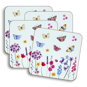 4pcs Butterfly Garden Pink Floral Cork Back Coasters