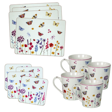 12-pc Butterfly Garden Cork Back Placemats, Coasters & Mugs Set