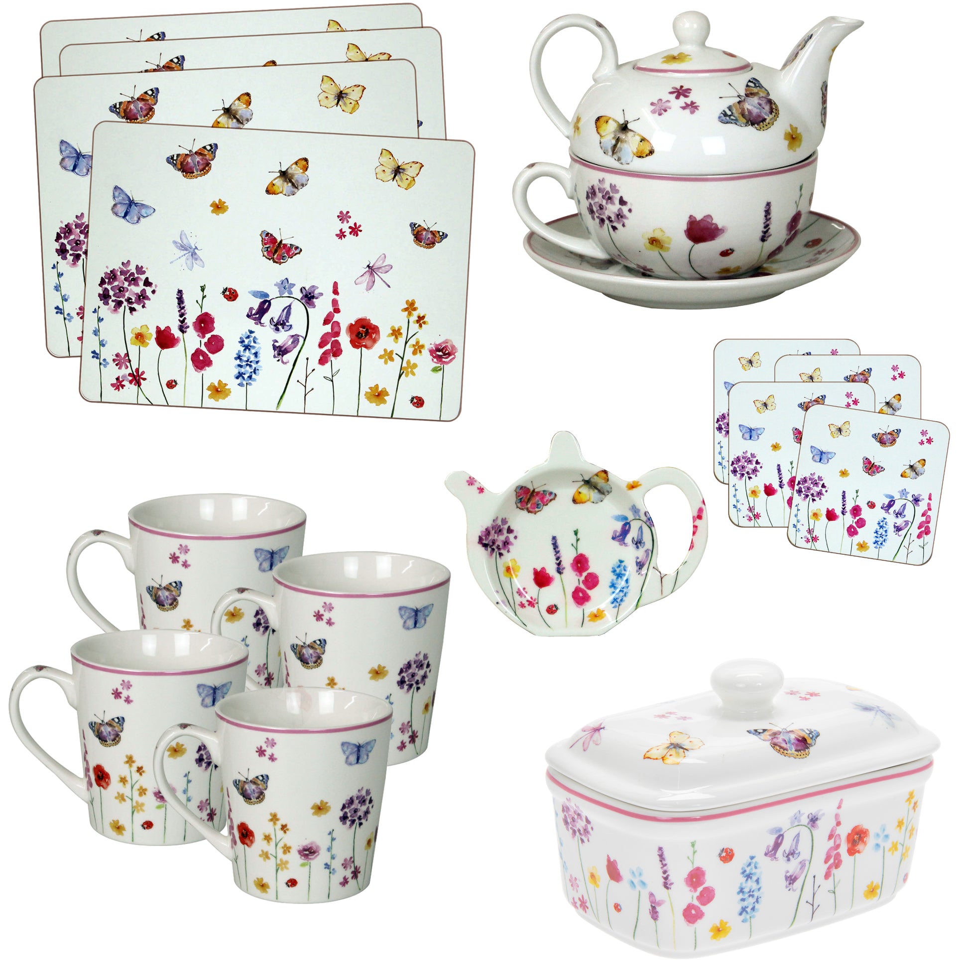 15-pc Butterfly Garden Cork  Back Placemats, Coaster, Mugs, Butter Dish, Tea for One and Teabag Tidy Set