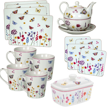 14-pc Butterfly Garden Cork Back Placemats, Coasters, Mugs, Butter Dish  & Tea for One Set