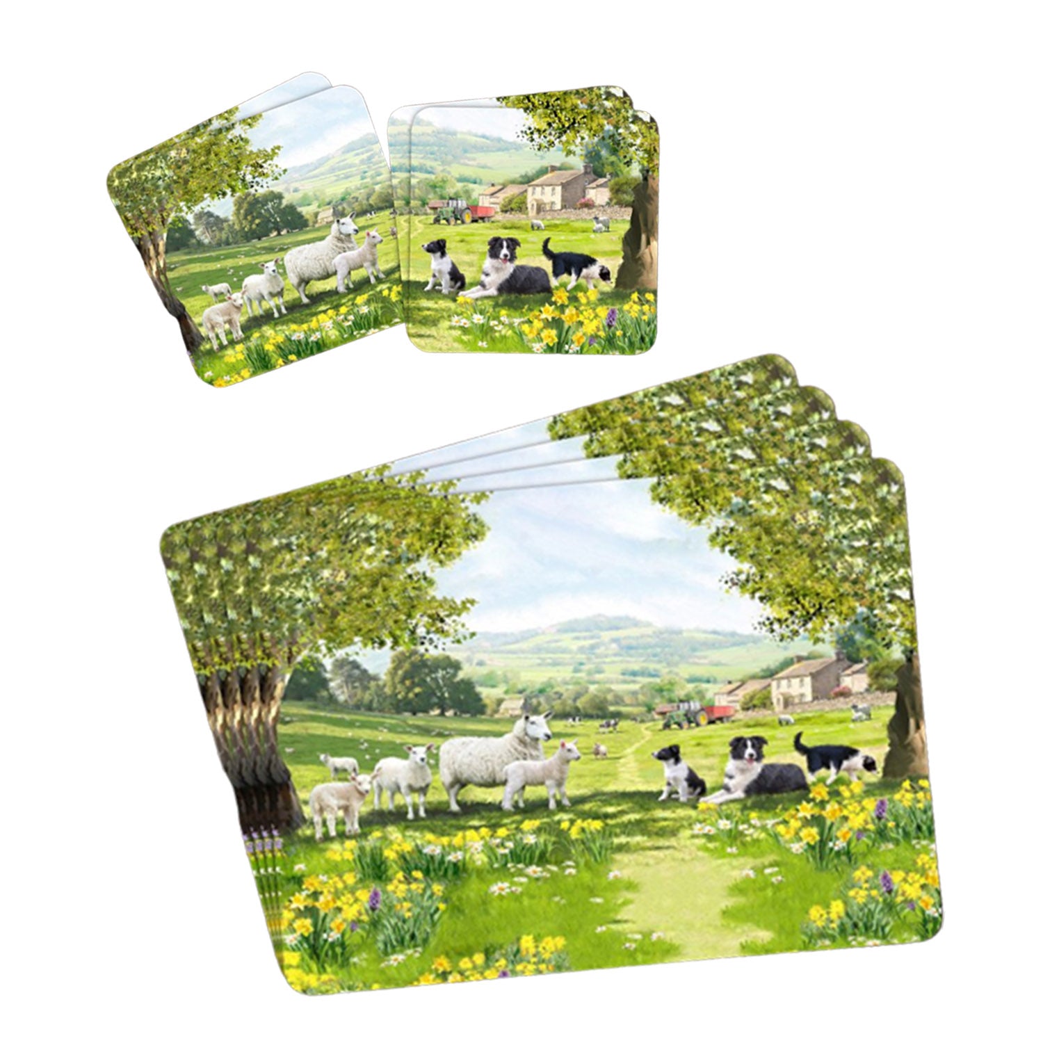 Collie & Sheep Set of 4 Square Coasters & 4 Placemats