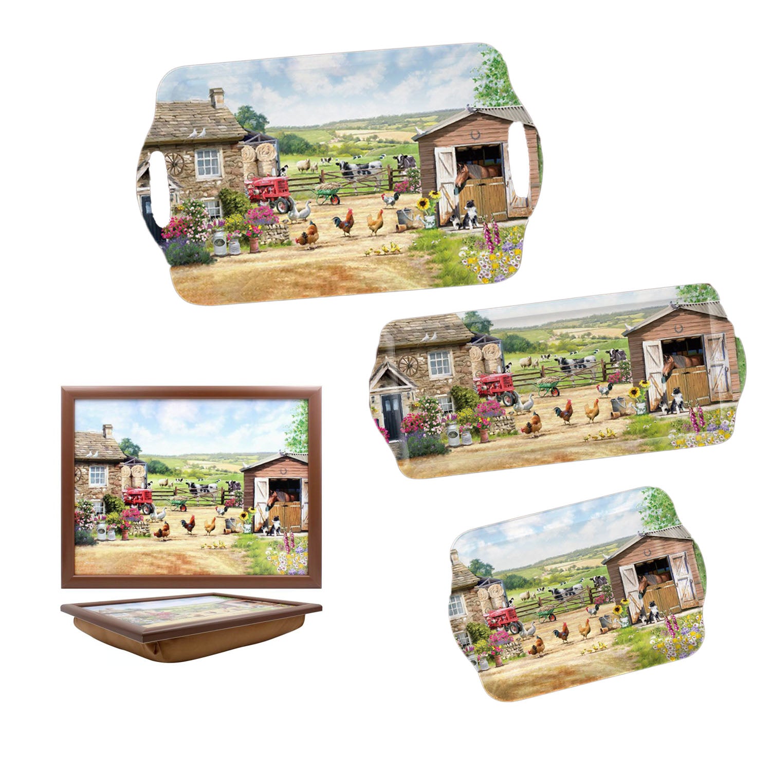 Farmhouse Design 4-Set Small Medium Large Food Serving Tray & Lap Tray Cushioned