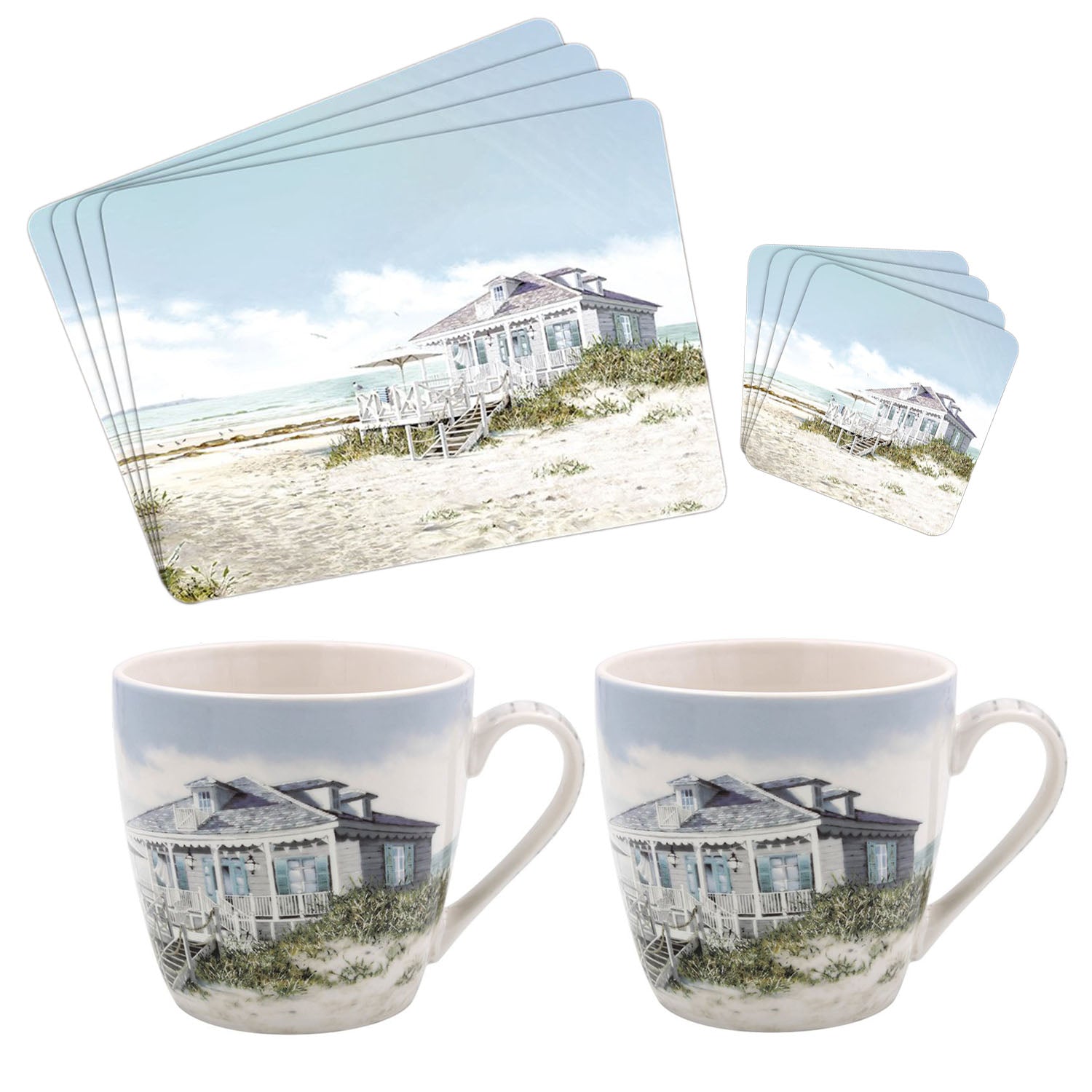 10-pc Sea Breeze Mugs, Coasters & Placemats Set - Watercolour Beach