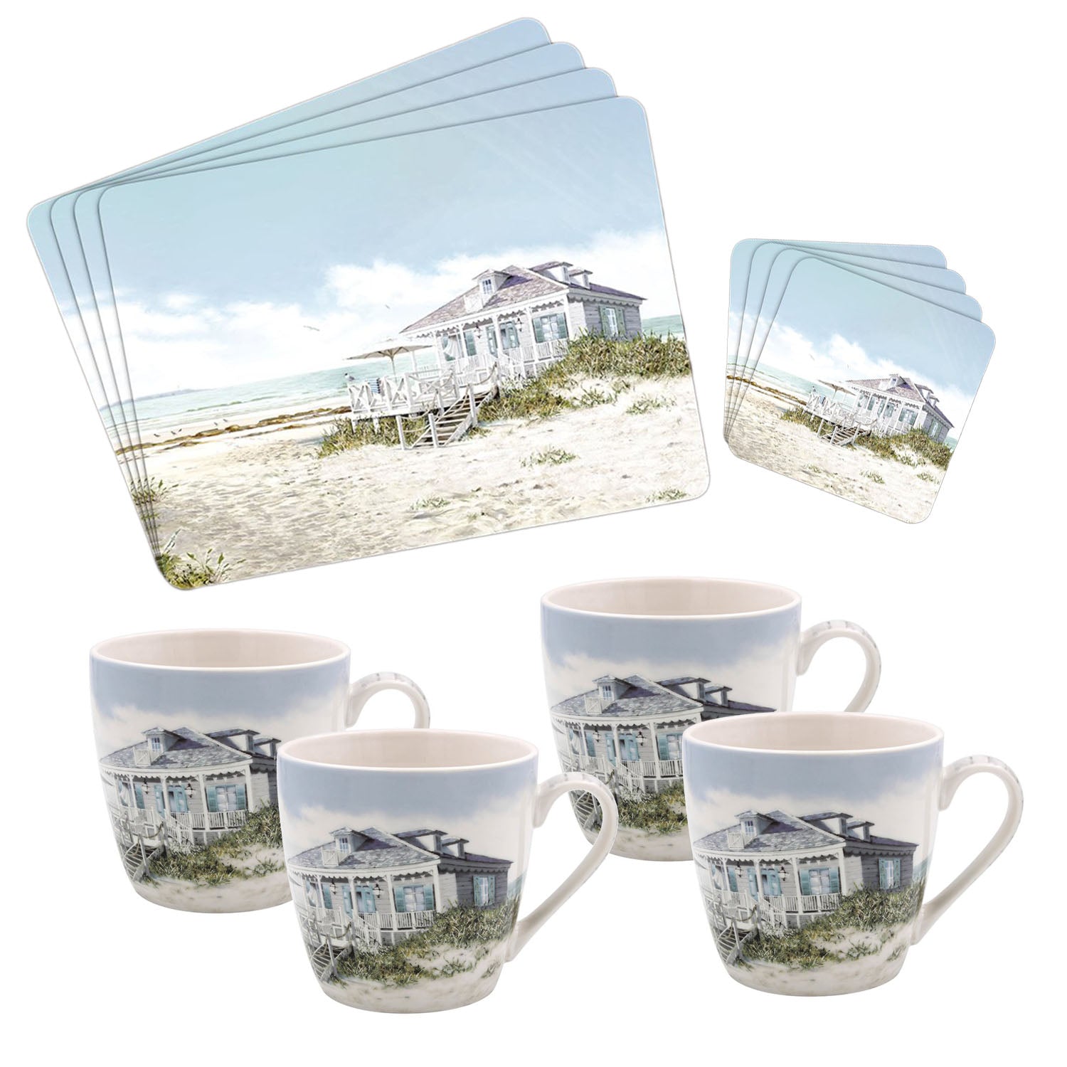 12-pc Sea Breeze Mugs, Coasters & Placemats Set - Watercolour Beach