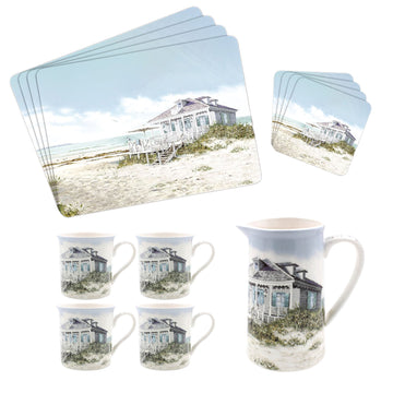 13-pc Sea Breeze Mugs, Coasters, Placemats & Jug Set - Watercolour Beach