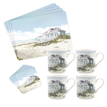 12-pc Sea Breeze Mugs, Coasters, and Placemats Set - Watercolour Beach