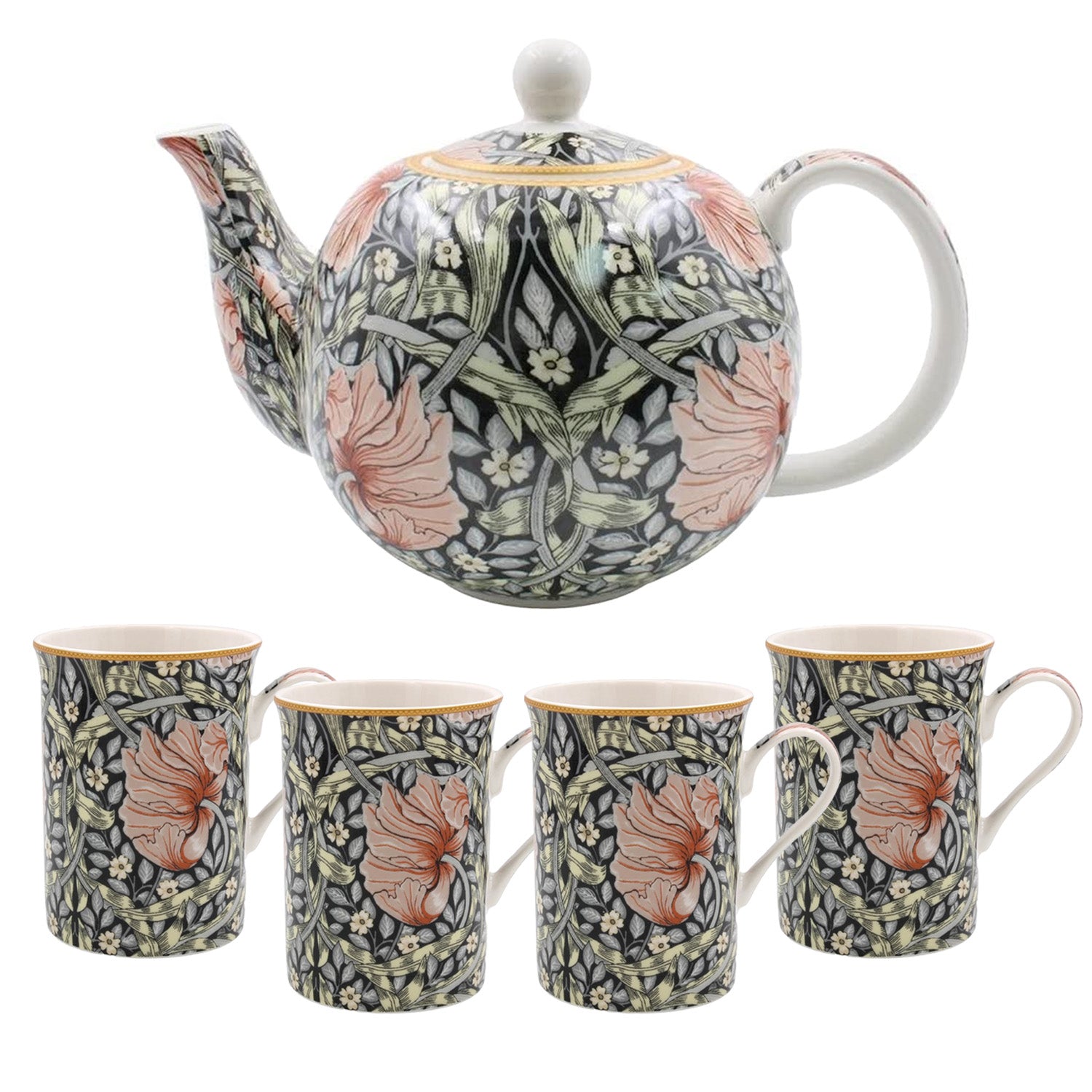 W Morris 5Pcs Pimpernel Fine China 275ml Mugs & Tea Pot Set