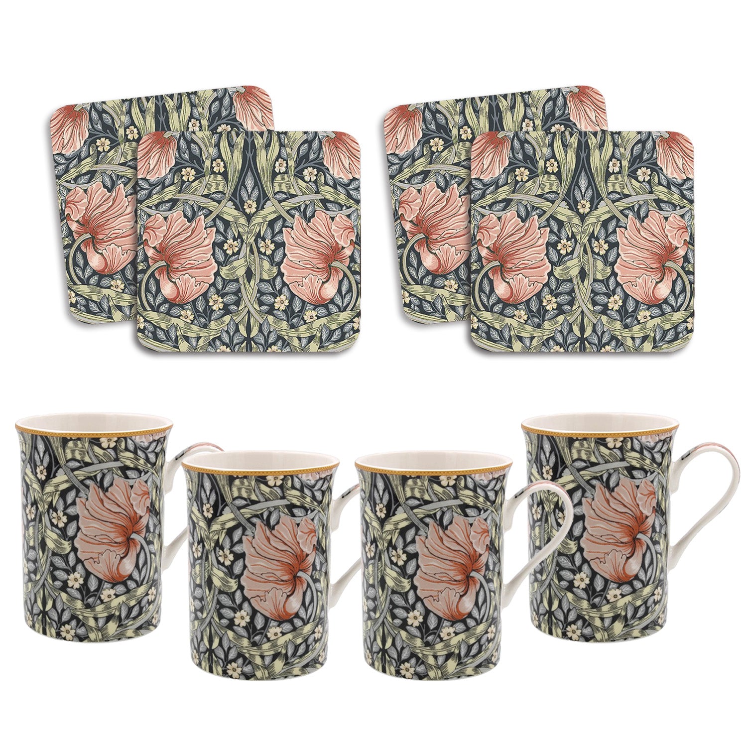 W Morris Pimpernel 4Pcs 275ml Fine China Mugs & 4 Cork Back Coasters