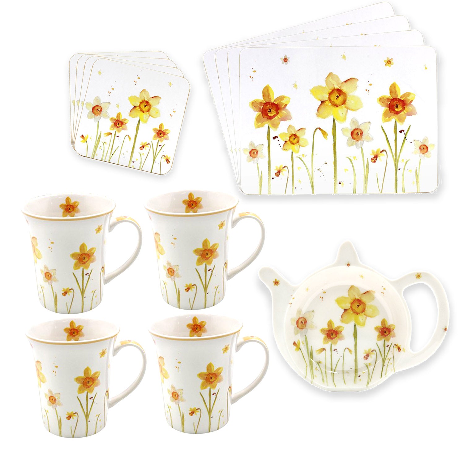 Yellow Daffodils 13-Set Mugs with Cork Square Coasters Placemat & Tea Bag Holder