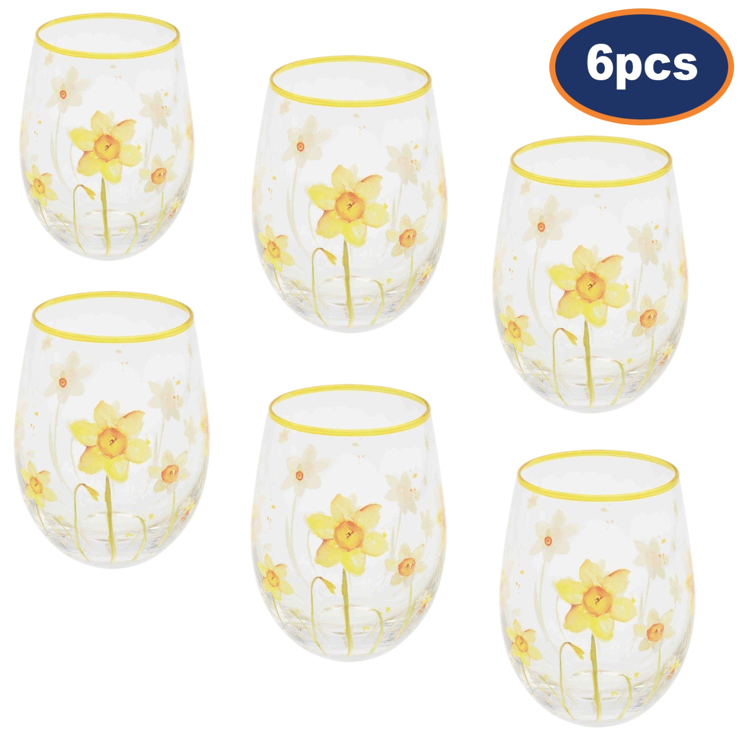 Set of 6 Yellow Daffodills Gin Balloon Glass Stemless