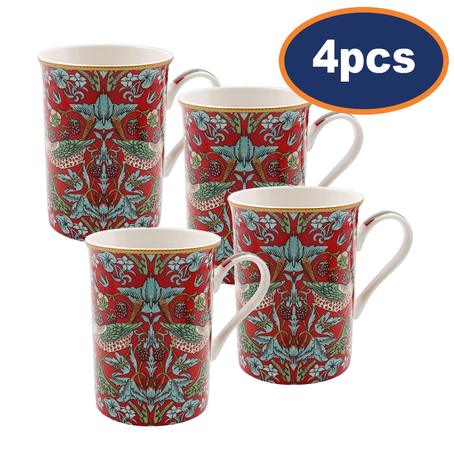 4Pcs William Morris Strawberry Thief 275ml Fine China Mug